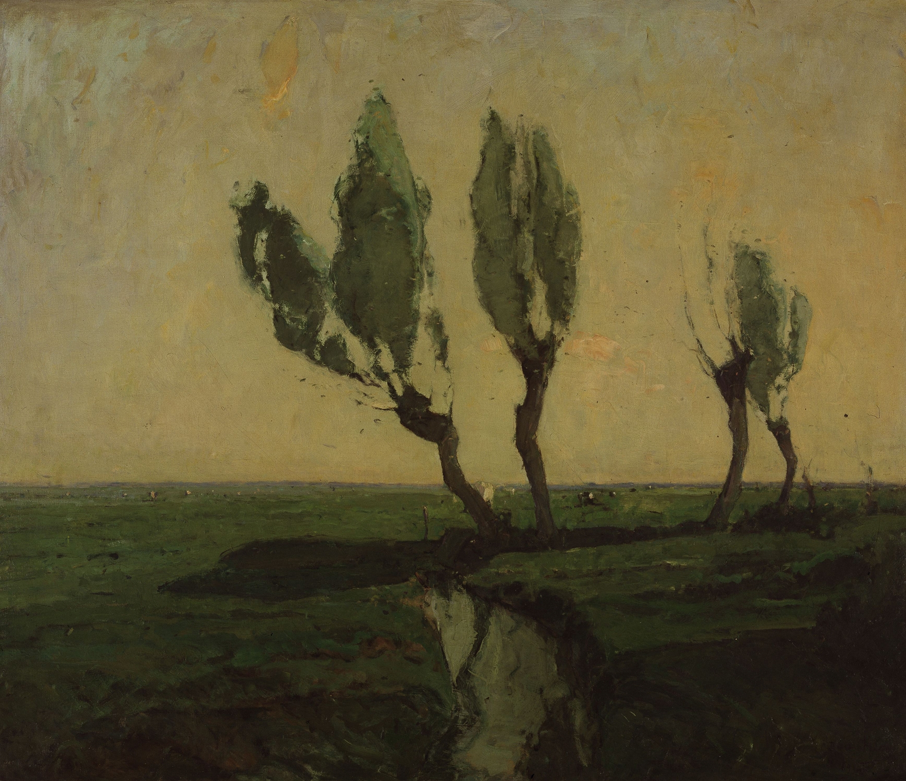 Morning in the Polders by Frans Hens, impressionism, depicting a tranquil landscape with waterway and pastel sky