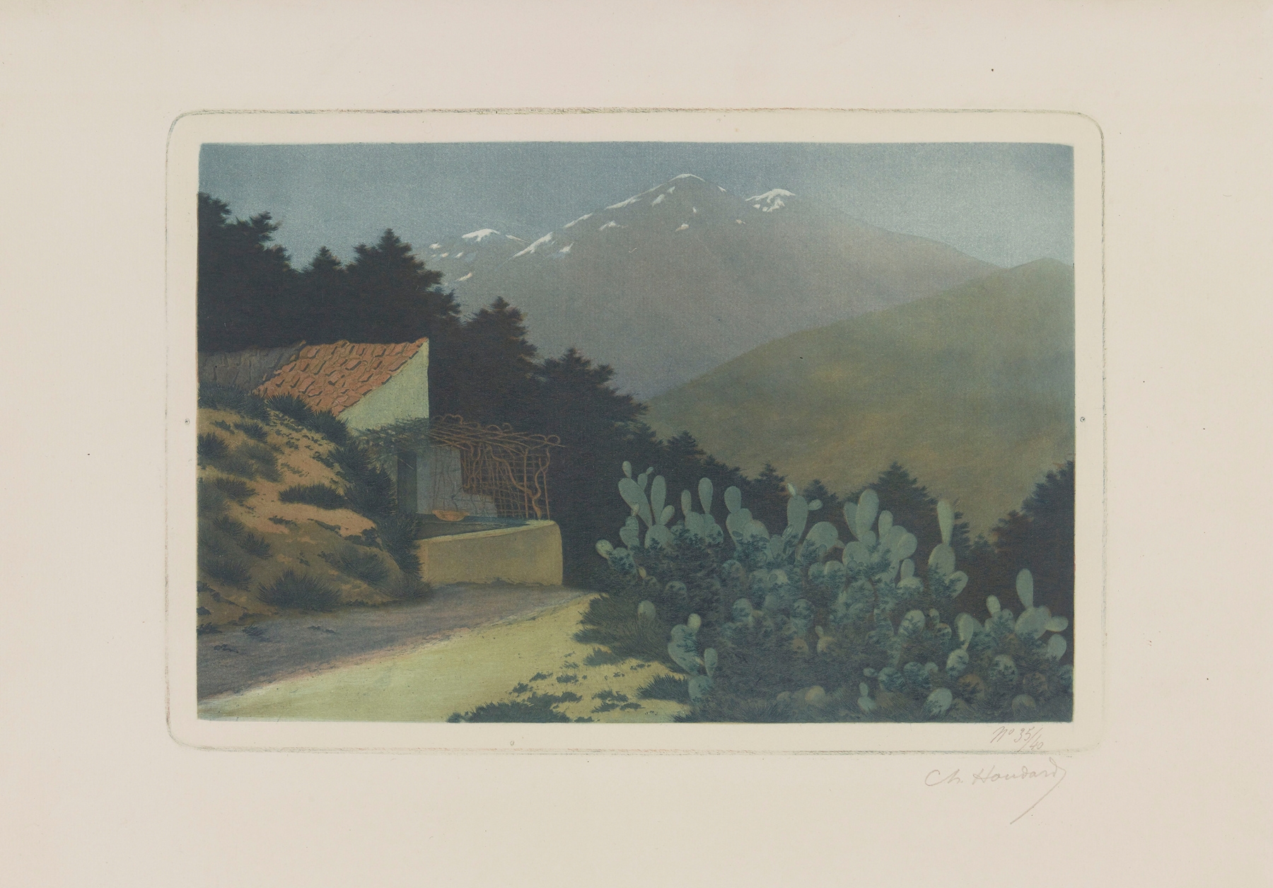 Landscape depicting mountains in vibrant colors by Charles-Louis Houdard, oil painting