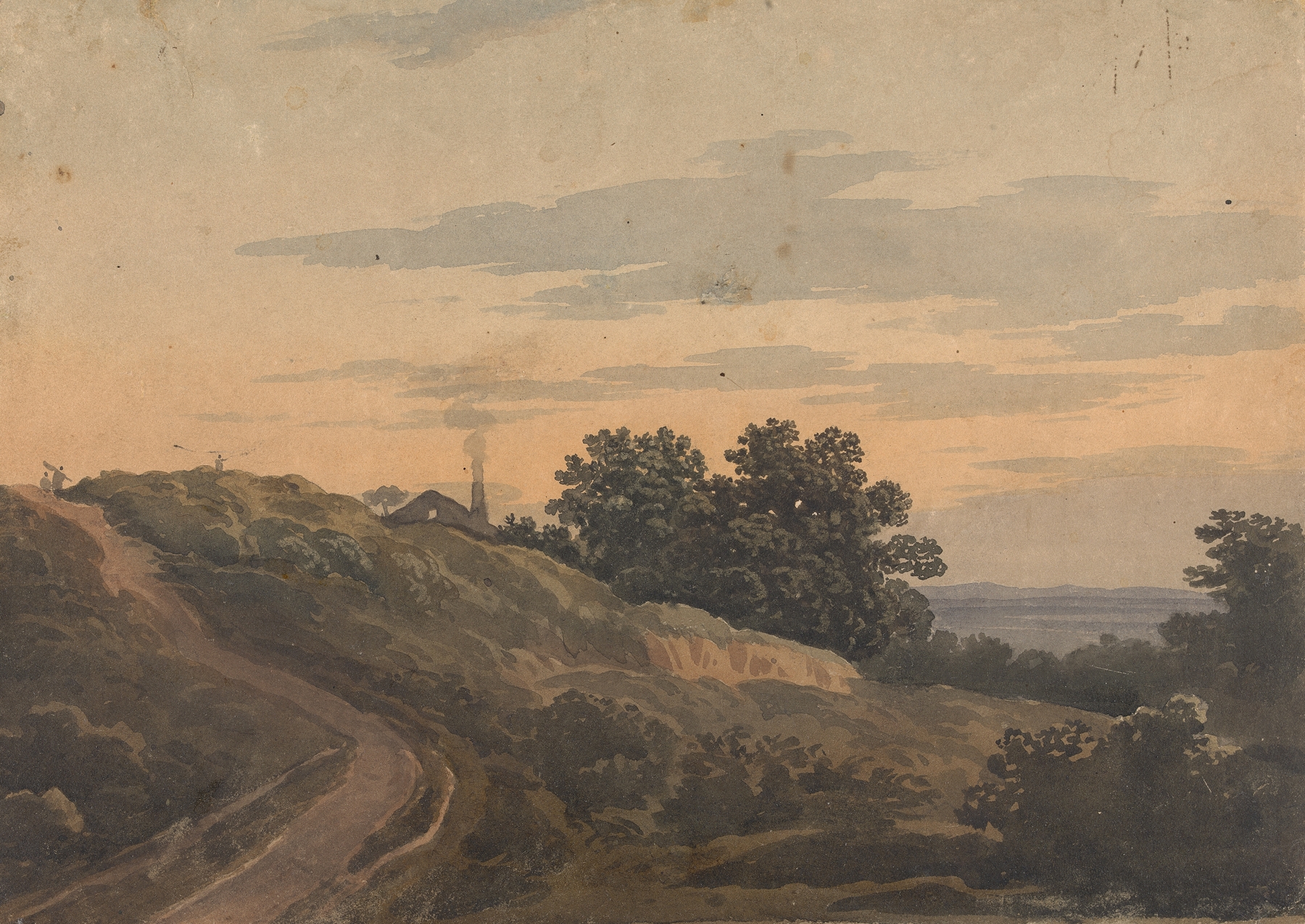 Hilly landscape with house, path, and figures by Thomas Sully, oil painting