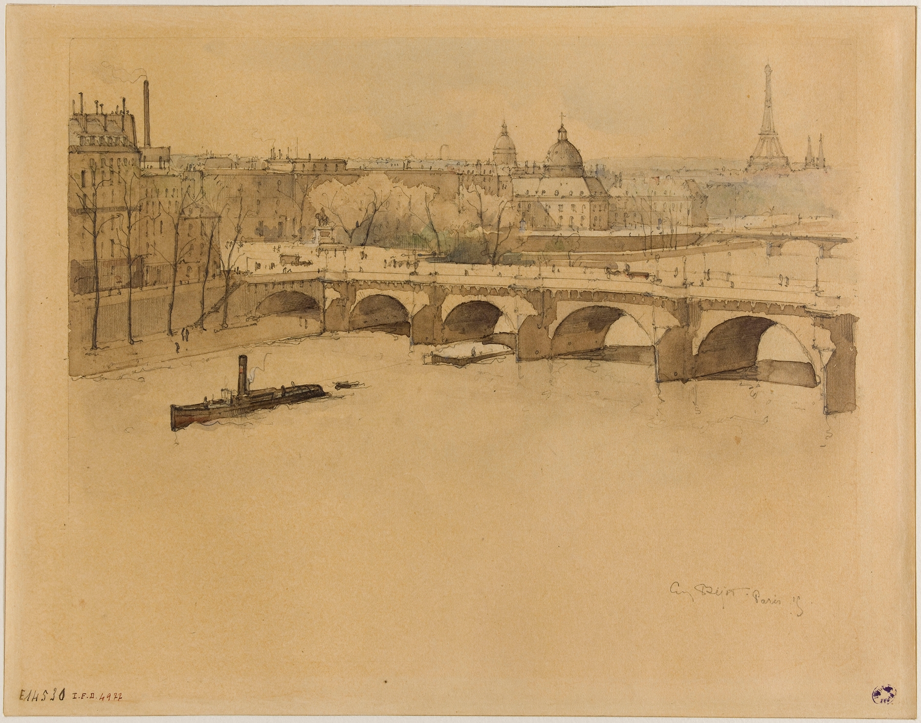 Le Pont-Neuf, grand bras de la Seine by Eugène Béjot, oil on canvas depicting shimmering waters and a bridge.