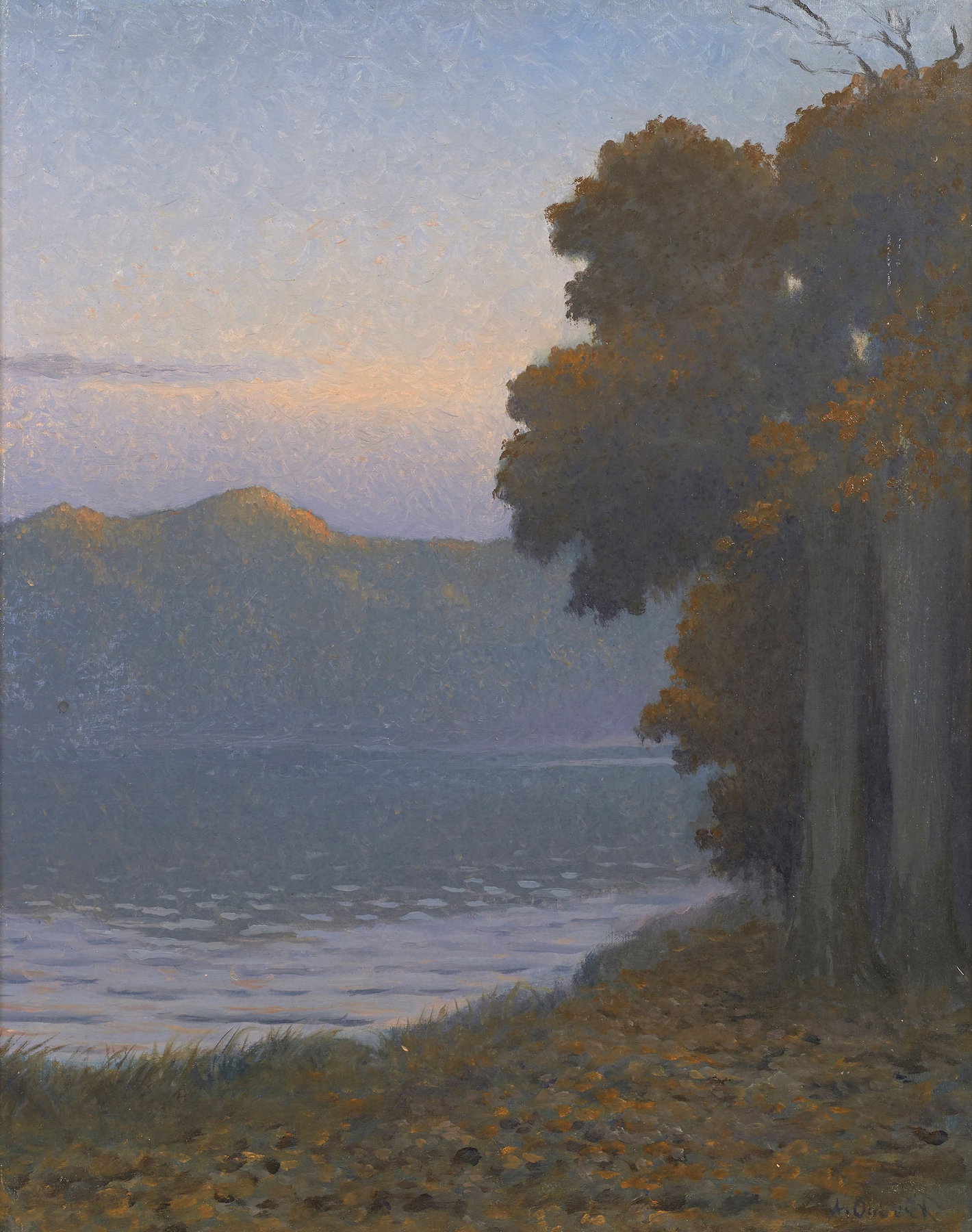 Le soir sur l’étang by Alphonse Osbert, oil painting depicting twilight reflections on water.