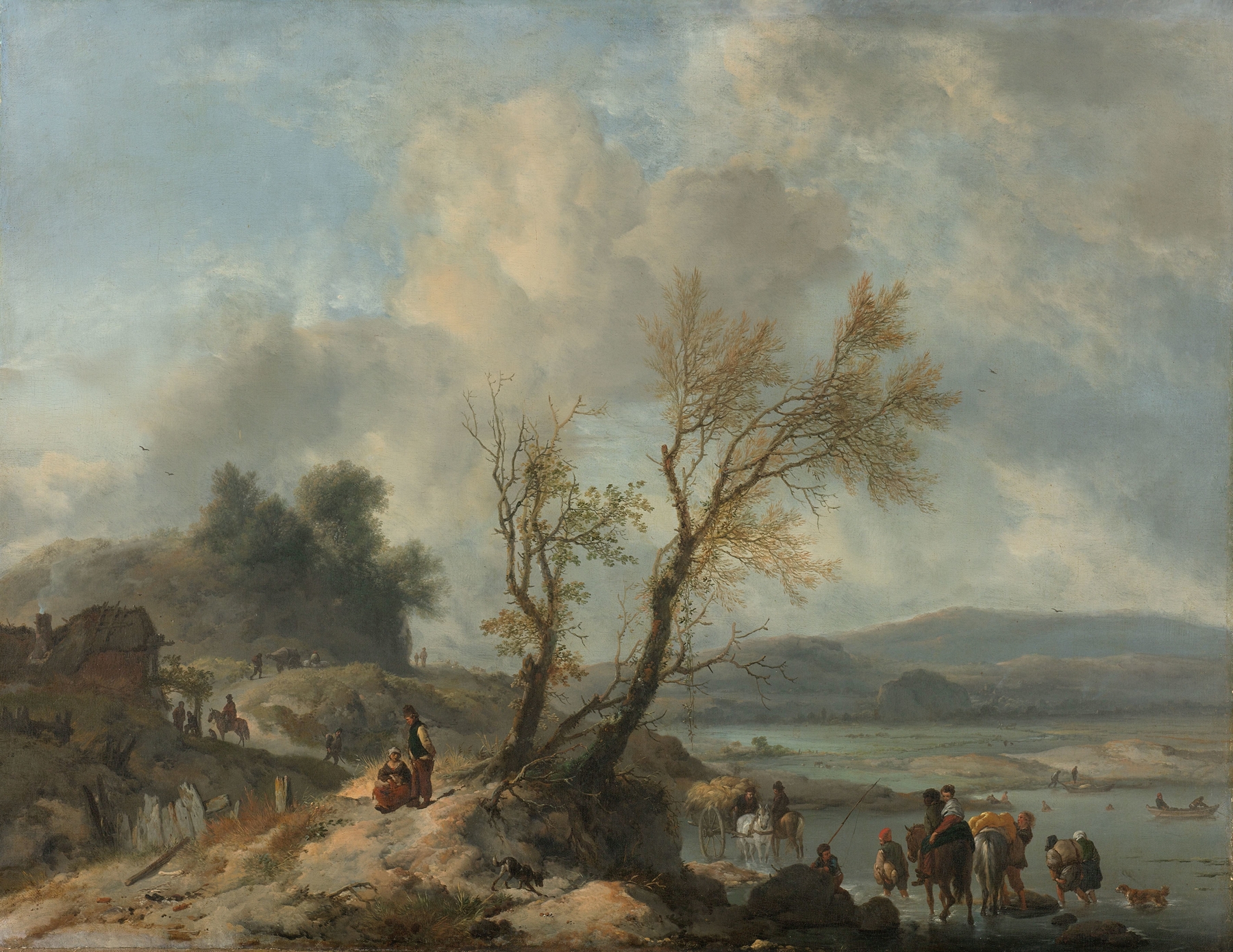 Landscape with sandy path beside a river, oil on canvas by Philips Wouwerman