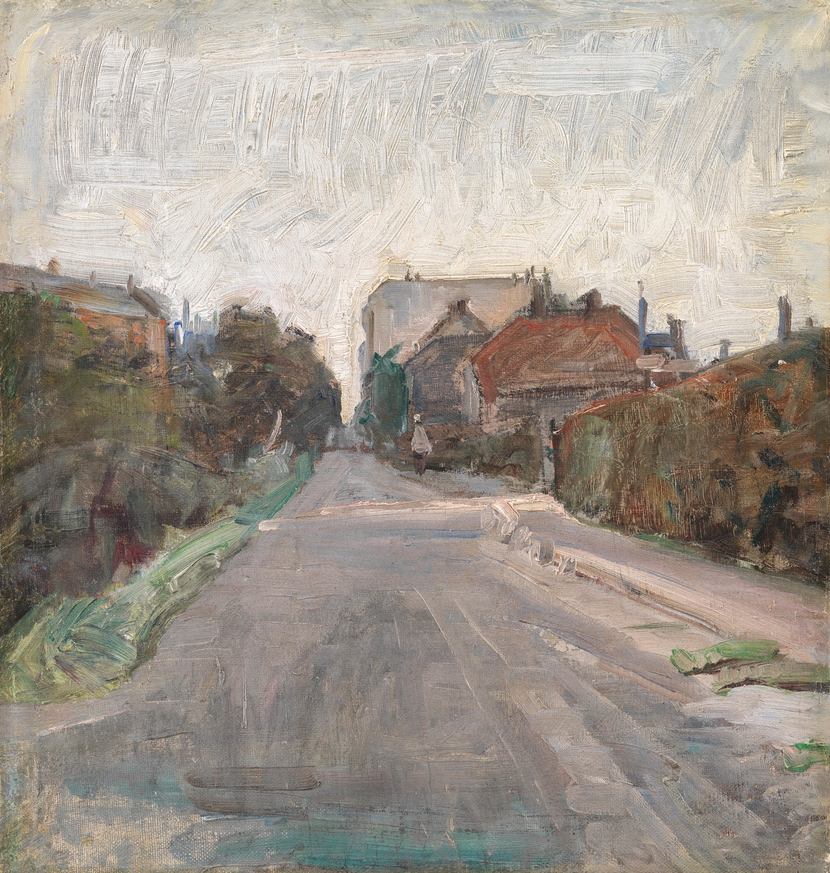 Gade. Udkanten af København by Albert Gottschalk, Impressionism, depicting a bustling street scene with trees and light.