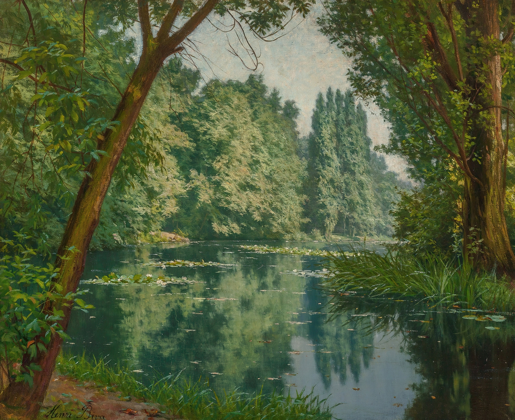 Oil painting of water lilies on a serene pond by Henri Biva