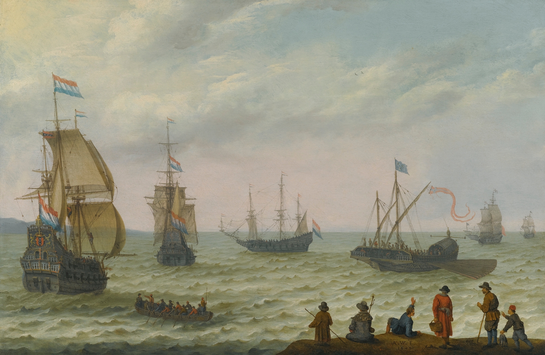 Coastal landscape with ships in choppy seas, oil painting by Abraham Willaerts