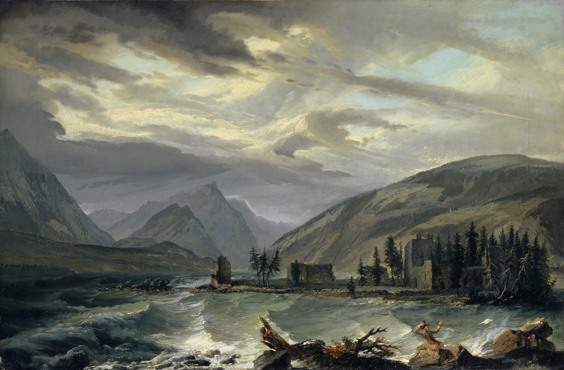 Tempest over the Lake of Thun, oil painting by Caspar Wolf, depicting stormy waters and mountains.