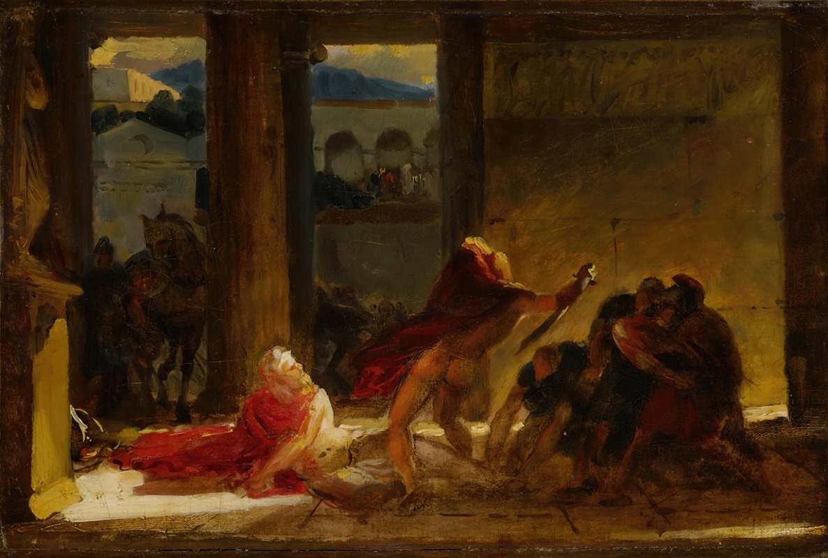 The Death of Pyrrhus depicts a dramatic historical scene with vivid colors.