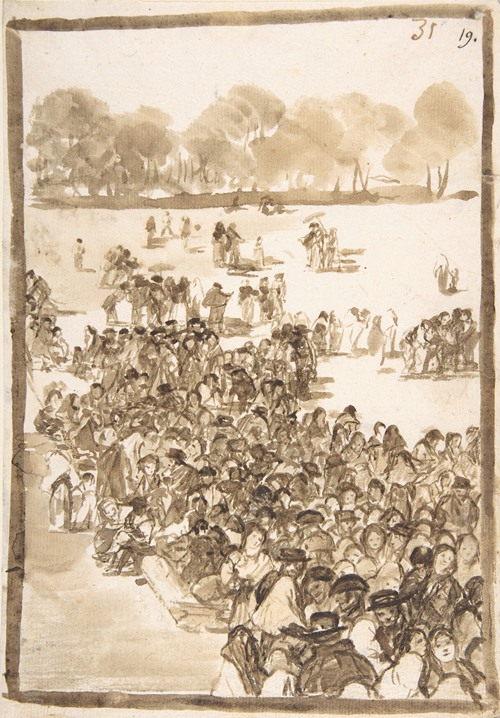 A vibrant scene depicting a lively crowd in a park.