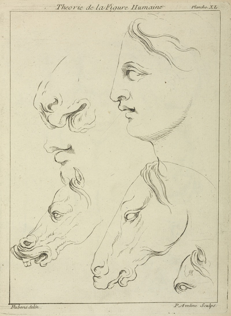 This painting features horses' heads alongside a human head in profile, showcasing detailed expressions.