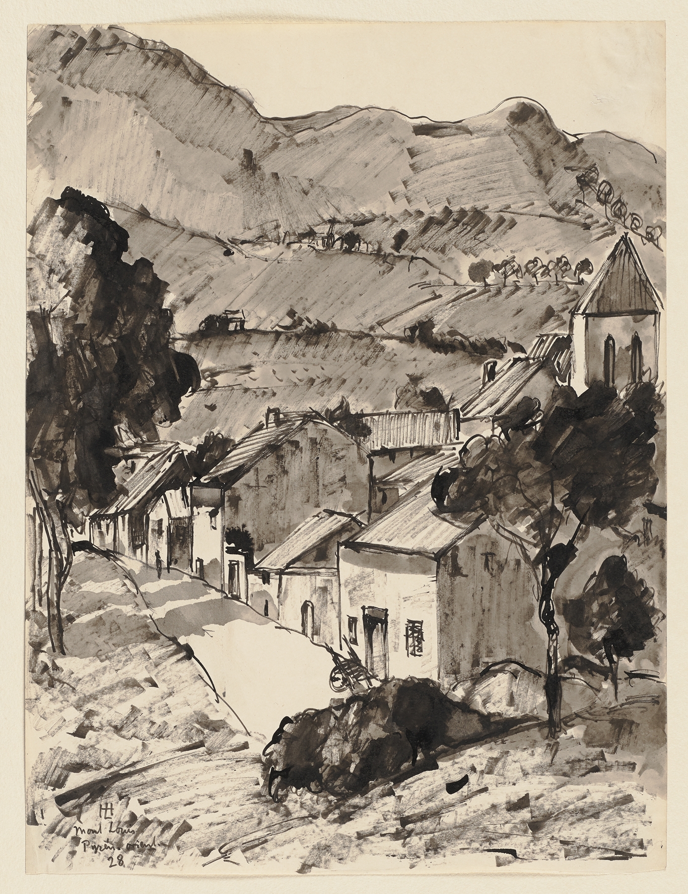 Mont-Louis by Hermann Lismann, depicting a village against mountains, medium unknown.