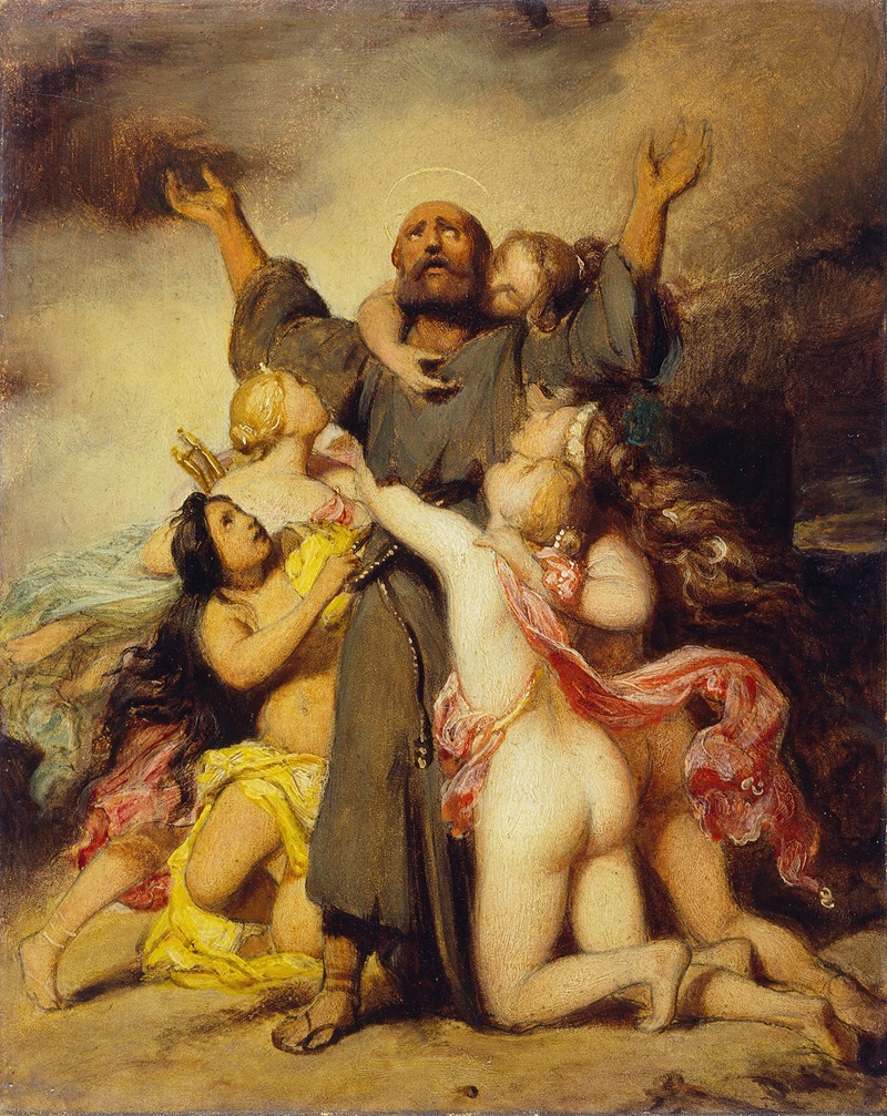 Paul Delaroche's 'The Temptation of Saint Anthony' depicts a dramatic scene of spiritual struggle.