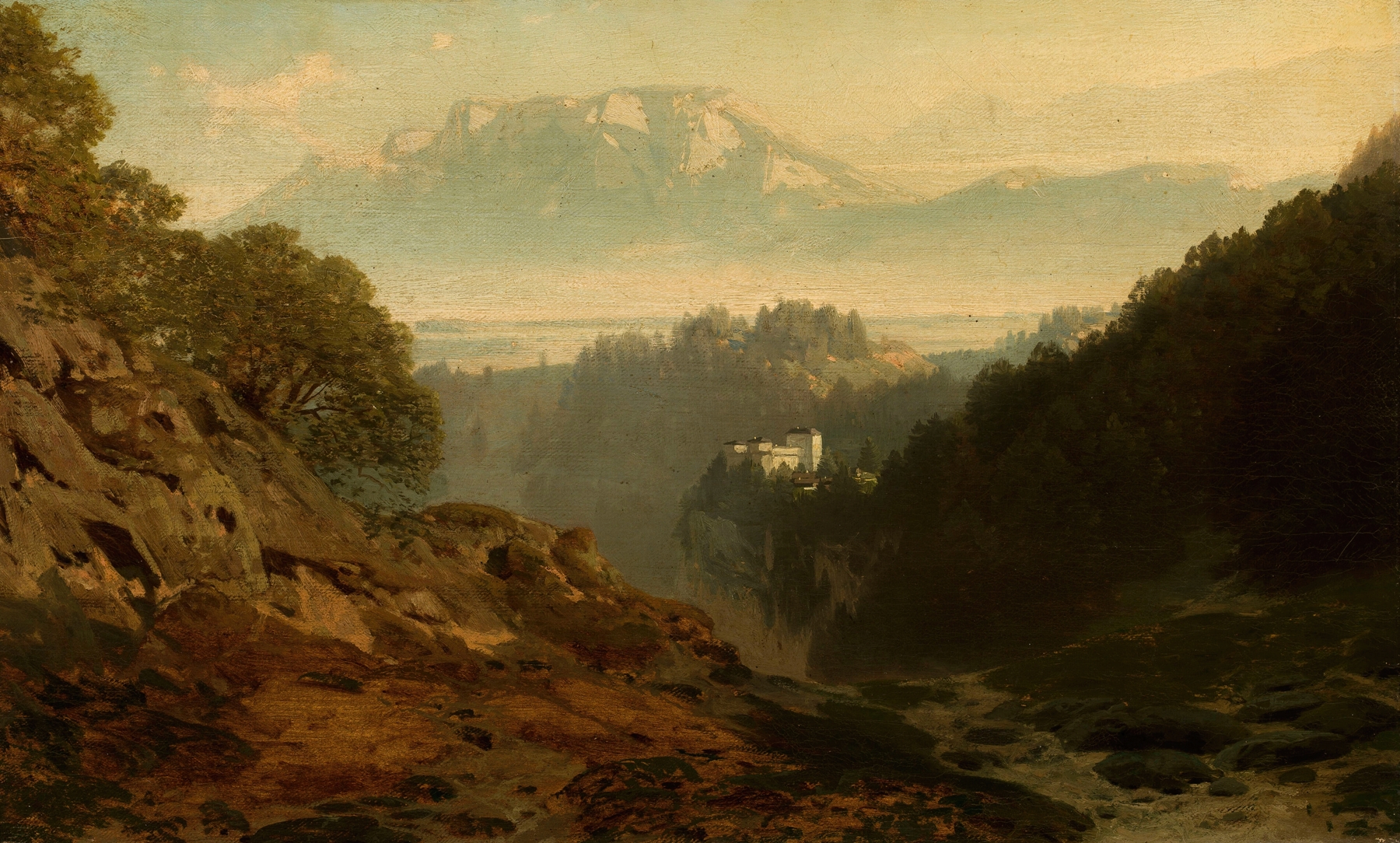 Mountain landscape with a castle by Ludwig Willroider, oil painting