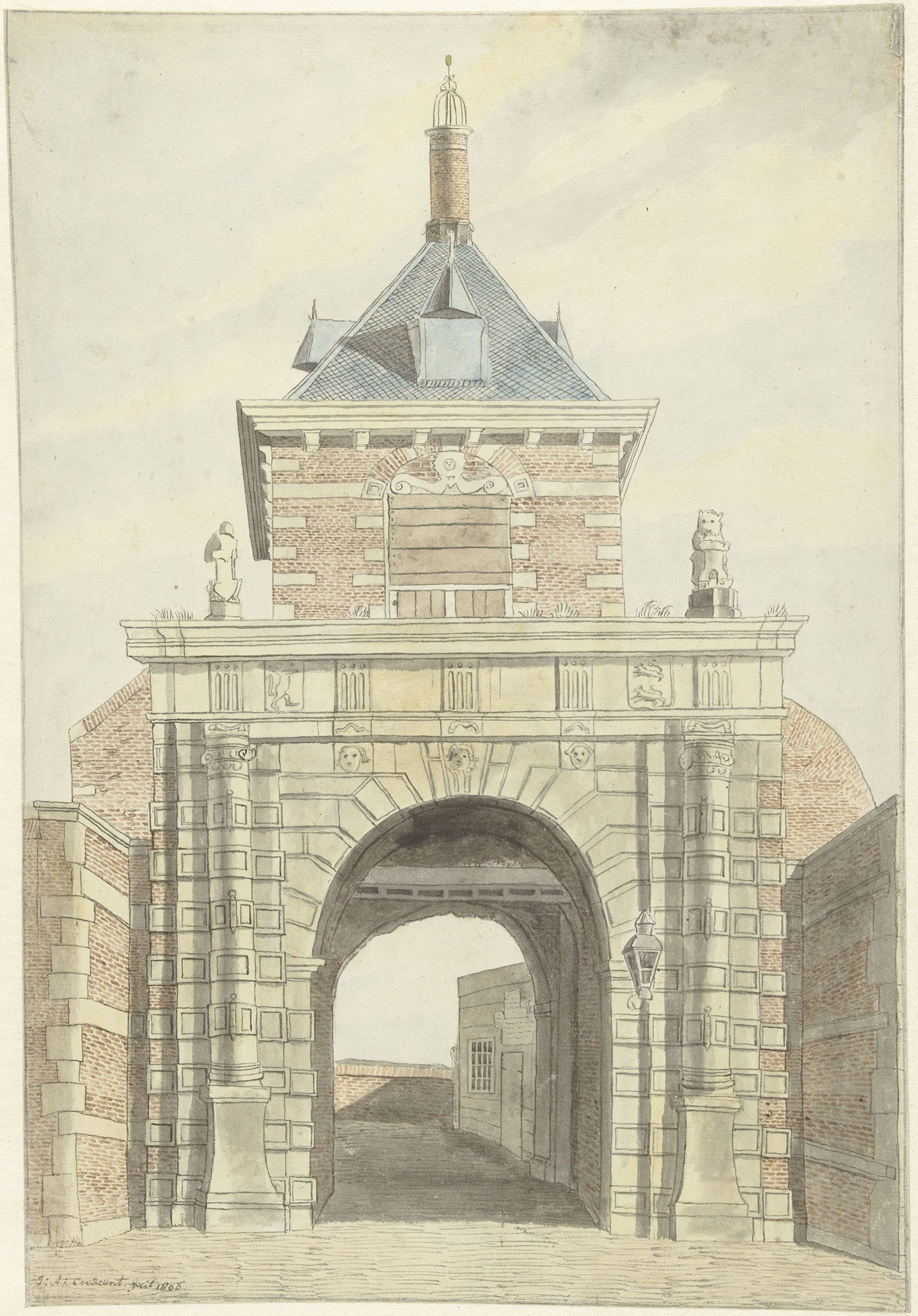 Oil on canvas by Jacobus Andreas Crescent depicting the old Vriesche Poort in Alkmaar