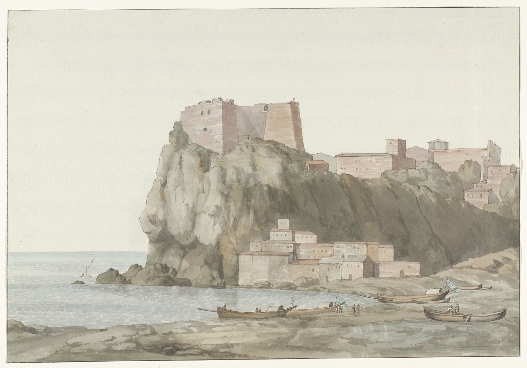 Rots en stad Scilla in de regio Calabrië aan de westkust, watercolor on paper by Abraham-Louis-Rodolphe Ducros