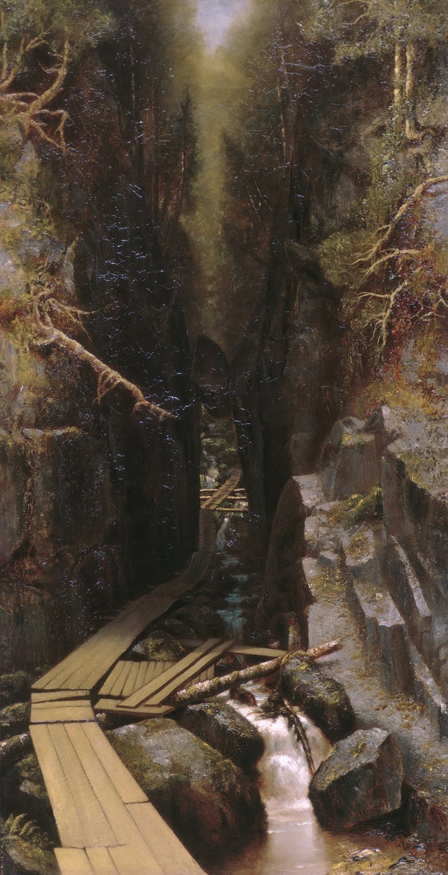 The Boulder and the Flume by Ralph Albert Blakelock, oil on canvas depicting a boulder and flowing water.