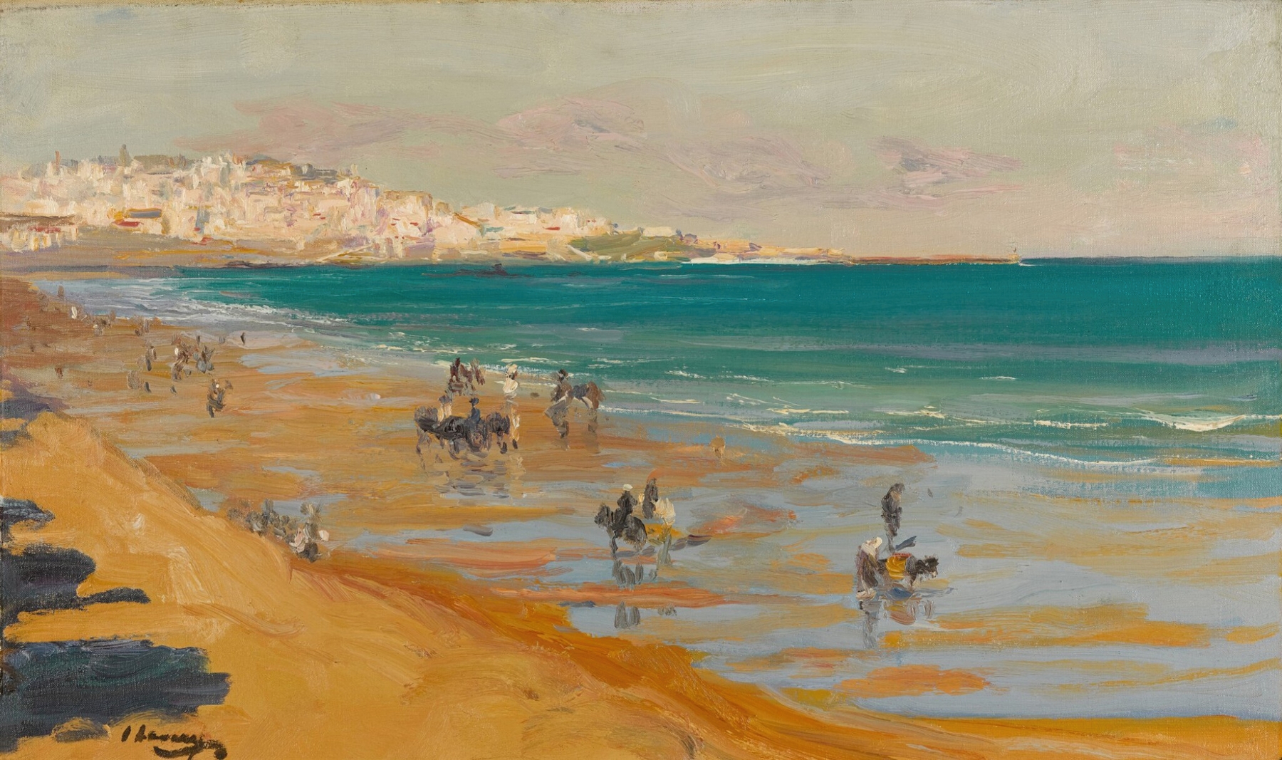 The Beach, Tangier by Sir John Lavery, oil on canvas showing sunlit sands and gentle waves.