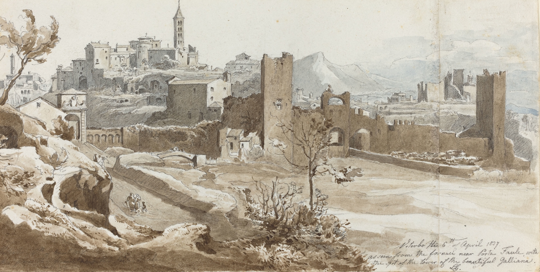 Viterbo by Wilhelm Heinrich Ludwig Gruner, oil painting depicting ancient architecture and a luminous sky.