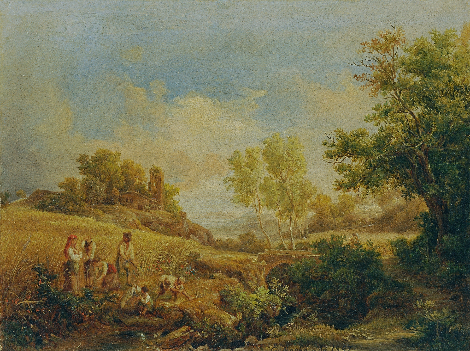 Landschaft mit Heuernte, oil on canvas by Károly Markó, featuring golden haystacks in a vibrant landscape.