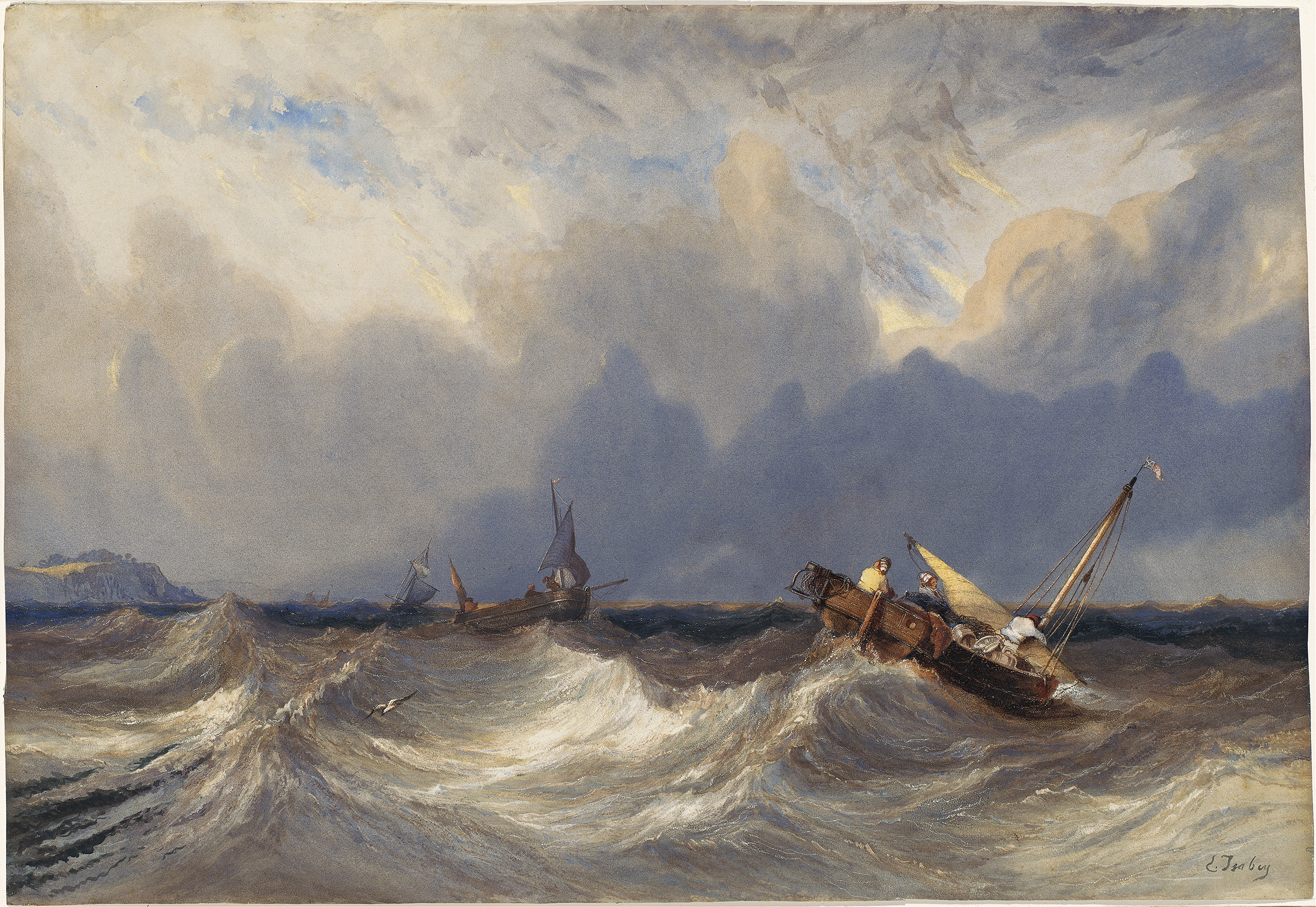 Fishing Boats Tossed before a Storm, by Eugène Isabey, public domain
