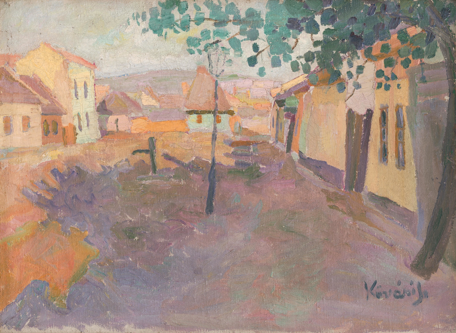 Street scene with small figures and cobblestones, oil painting by Konštantín Kövári-Kačmarik