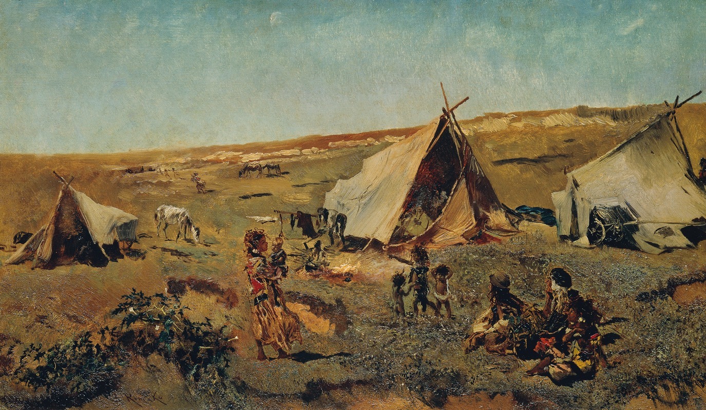A depiction of a gypsy camp in the Puszta by Anton Romako.