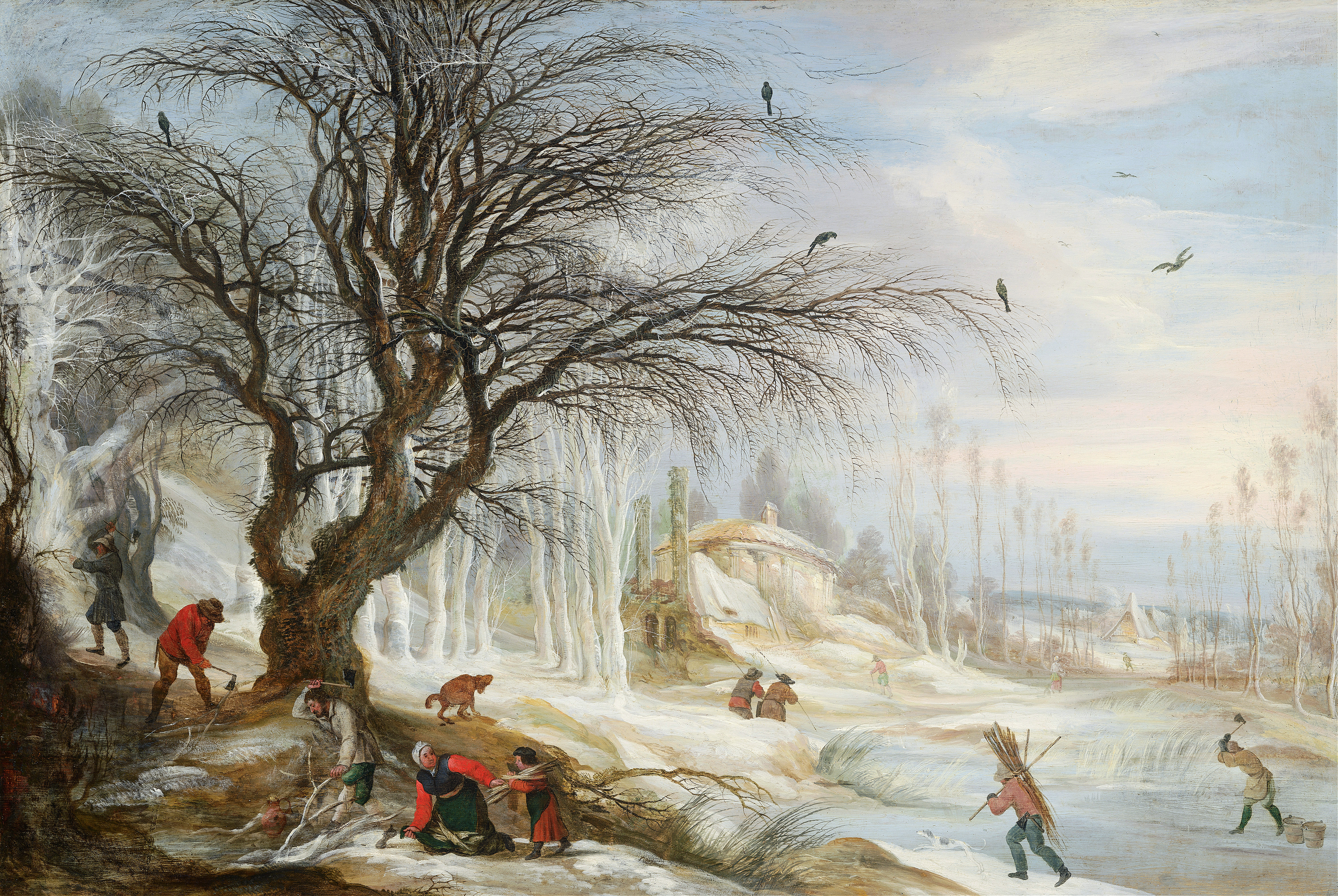 Winter landscape with wood gatherers, oil on canvas by Gijsbrecht Leytens
