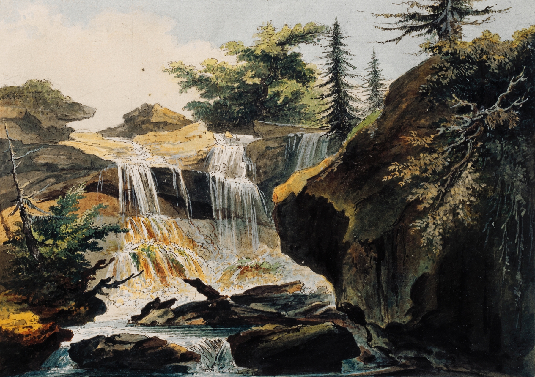 Wasserfall im Tobel bei Muri, oil on canvas by Caspar Wolf, featuring a waterfall and forest.
