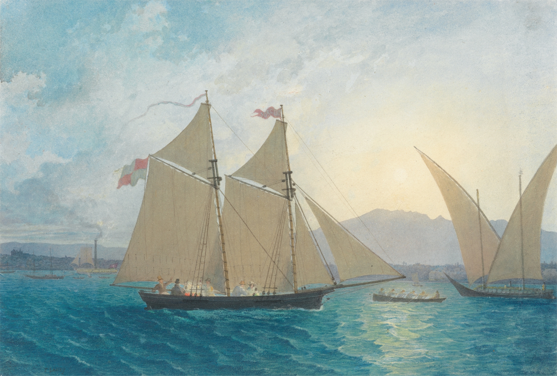Oil painting by Francis Danby depicting a vessel on Lake Geneva with mist.