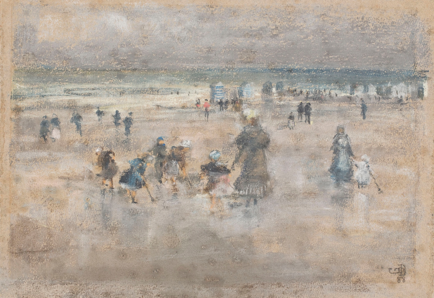 Figures on the Beach by Gustave Den Duyts, oil on canvas depicting beachgoers in golden light