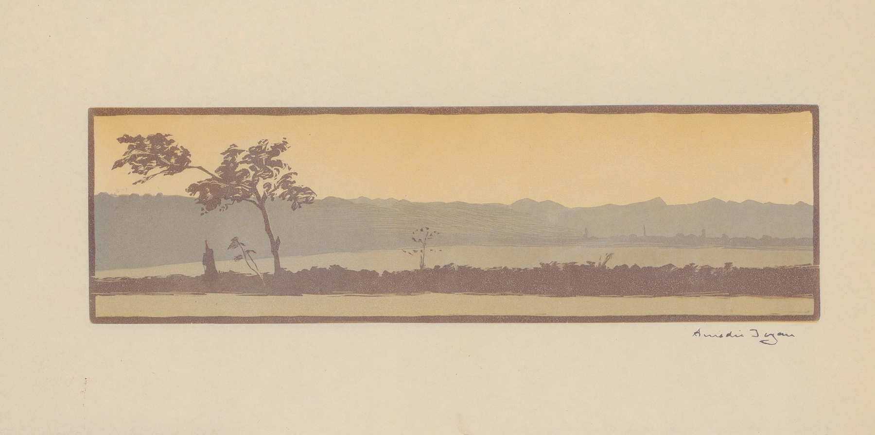 Romanticism landscape by Amédée Joyau, depicting twilight over mountains.