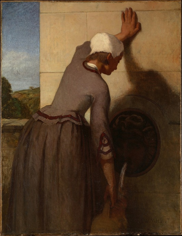 A young girl stands by a fountain, surrounded by lush greenery, in William Morris Hunt's 'Girl at the Fountain'.