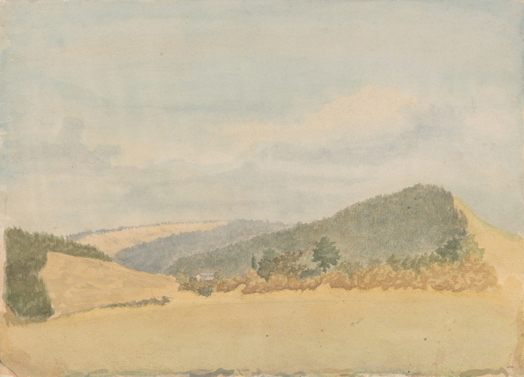Summer Landscape by Jan Nowopacký, oil painting depicting rolling hills and a sunrise.