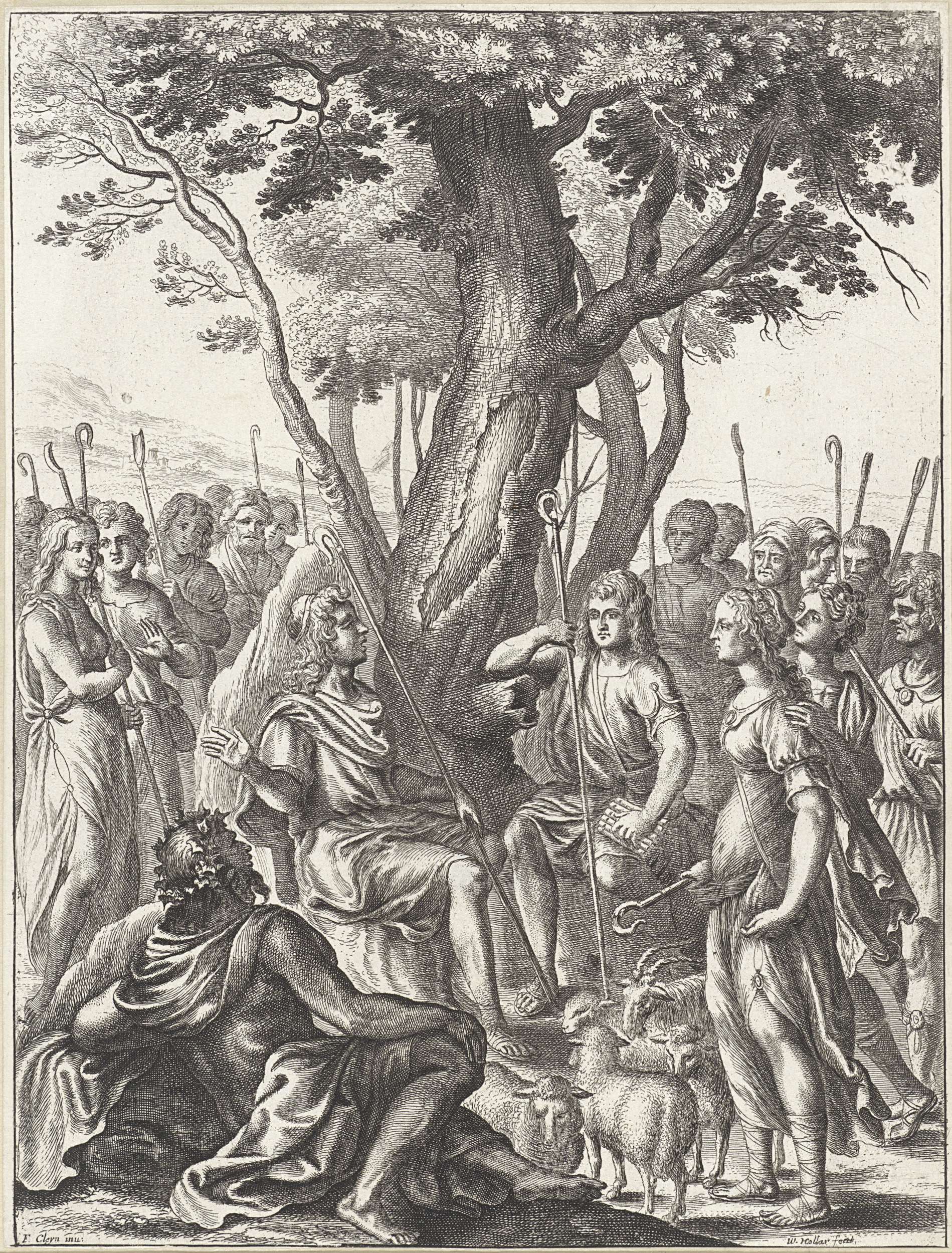 Herdsman Meliboeus observes Corydon and Thyrsis in an etching by Wenceslaus Hollar