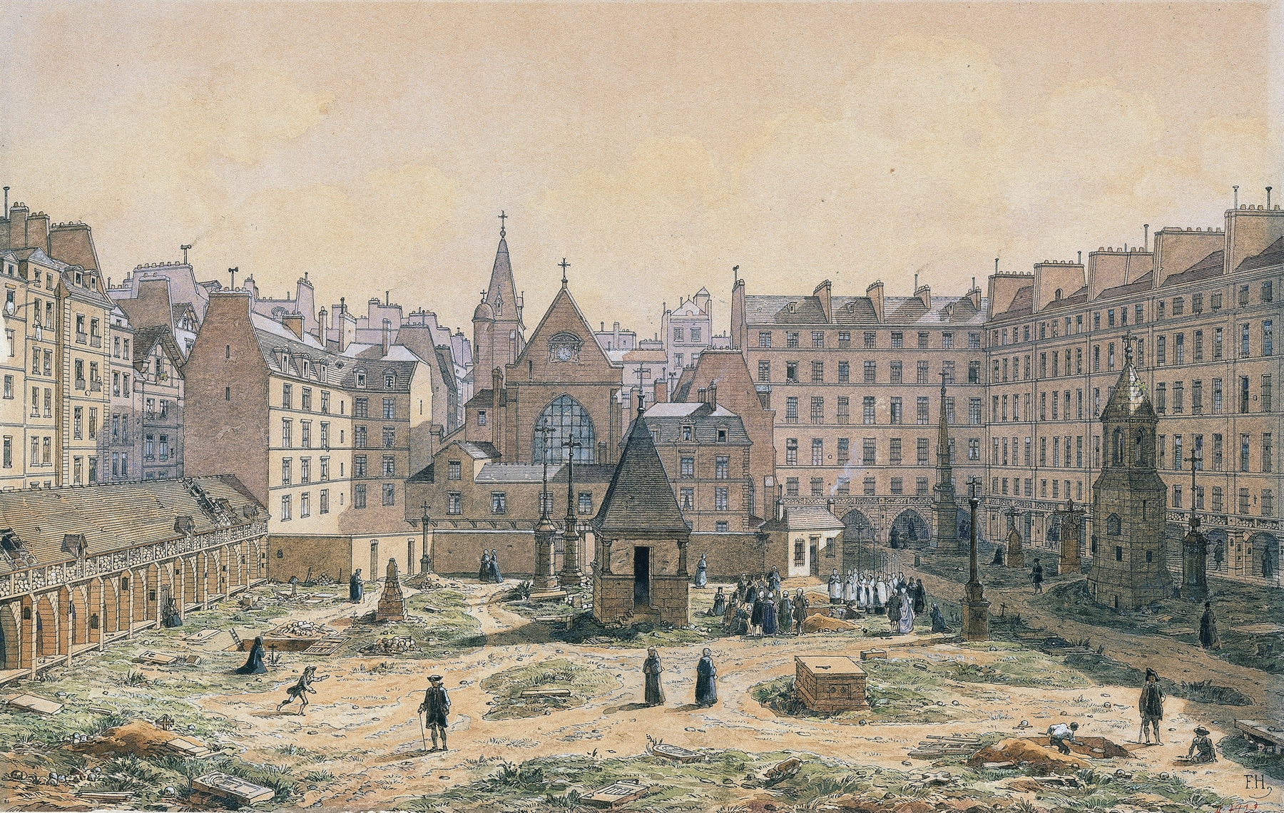 Oil on canvas by Fédor Hoffbauer depicting a tranquil cemetery with gravestones.