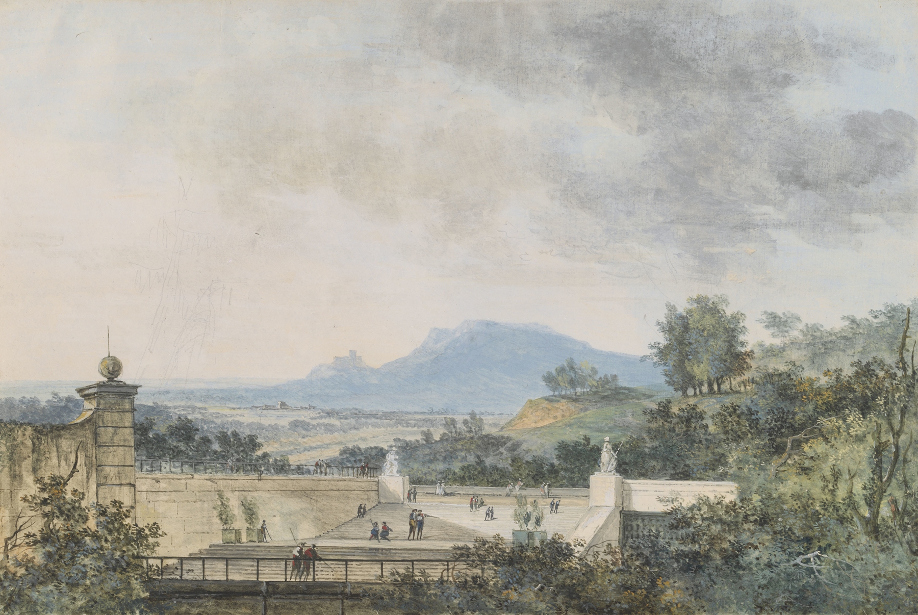 Panoramic view of a terraced park with water, engraving by Louis Gabriel Moreau