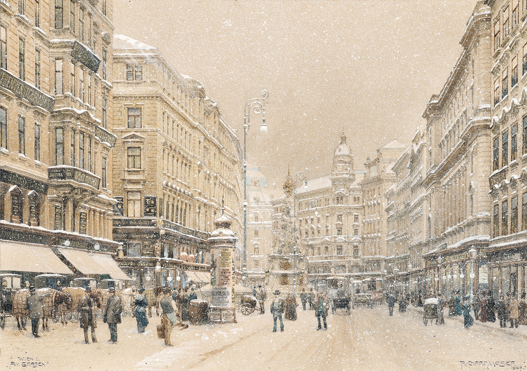Impressionist oil painting by Richard Moser depicting Graben in Vienna during a snow flurry