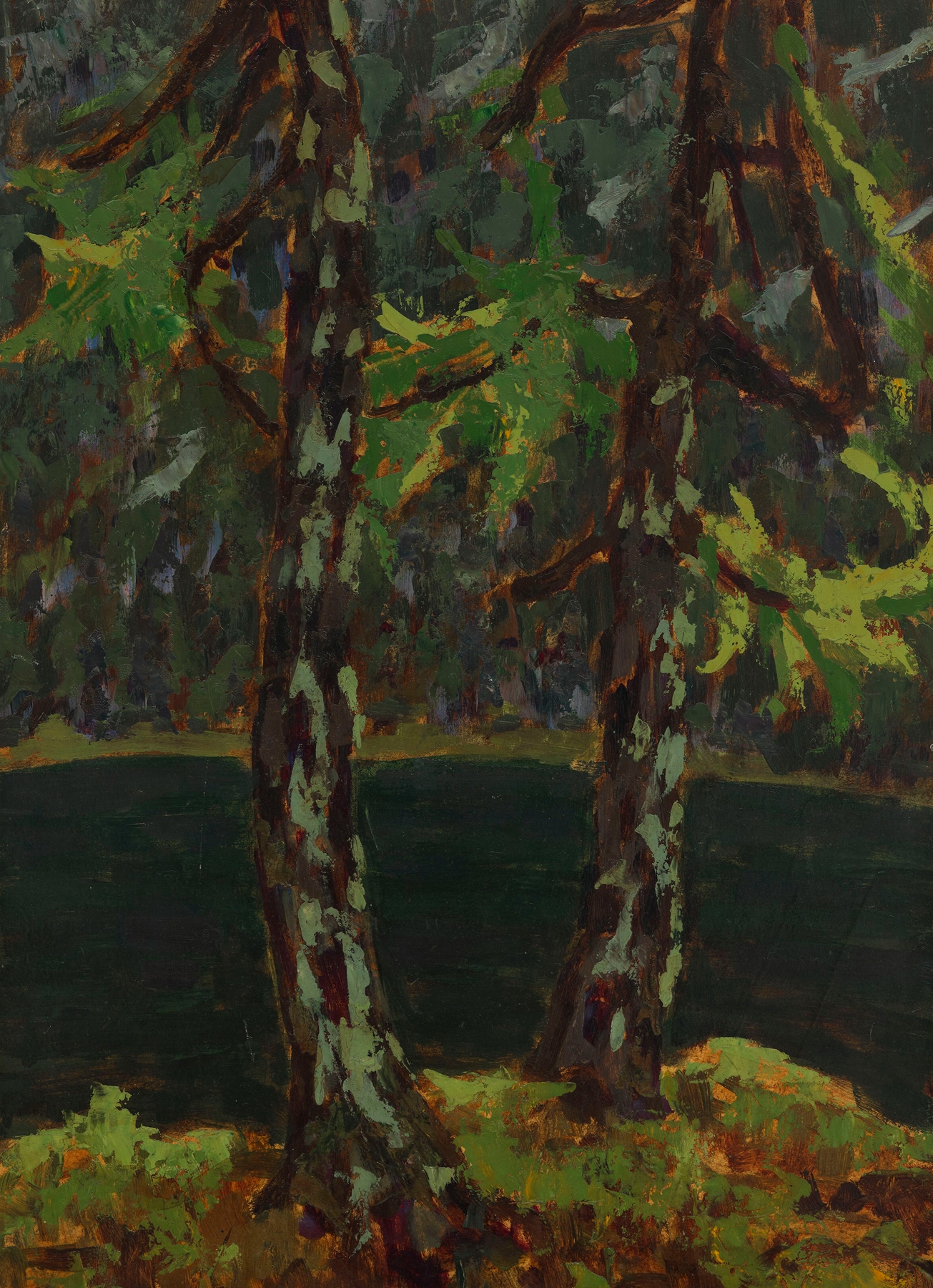 Larch Trees by the Lake in Dobiacco, oil on canvas by Jan Bohuszewicz