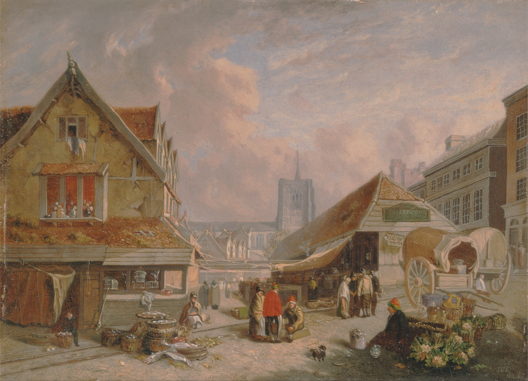 The Old Fishmarket, Norwich by David Hodgson, realism, depicting a faded market with wooden stalls