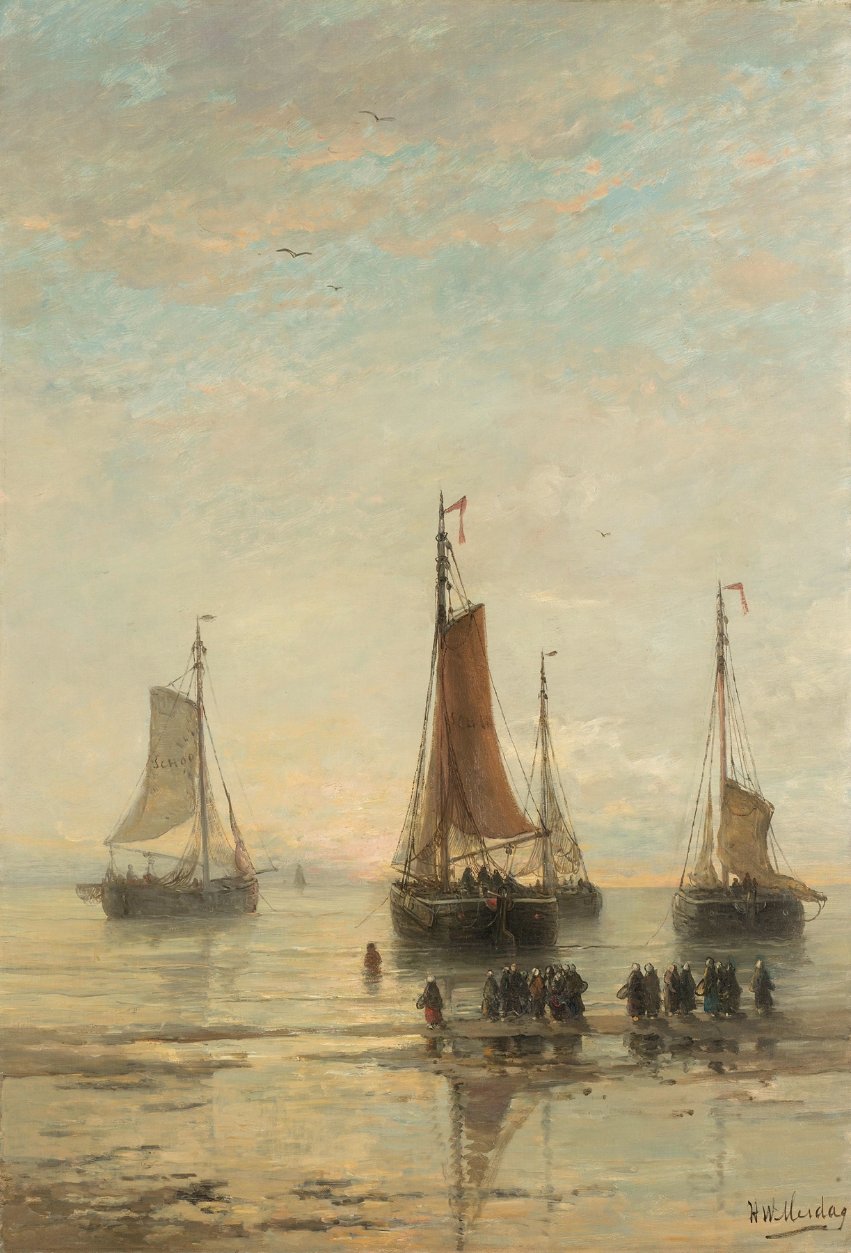 Bluff-Bowed Scheveningen Boats at Anchor, by Hendrik Willem Mesdag, public domain