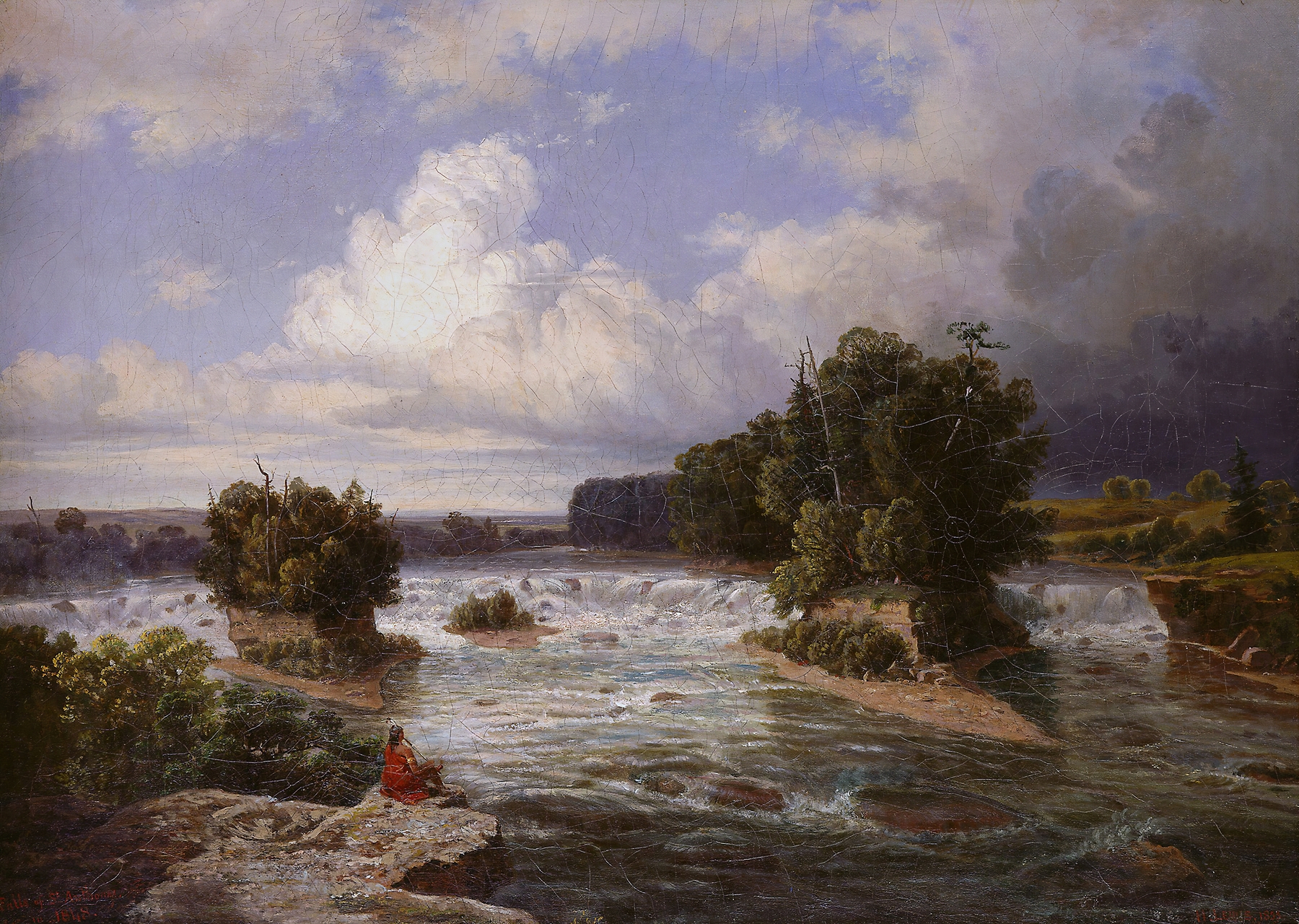 St. Anthony Falls as It Appeared in 1848, oil on canvas by Henry Lewis, depicting a waterfall and river.