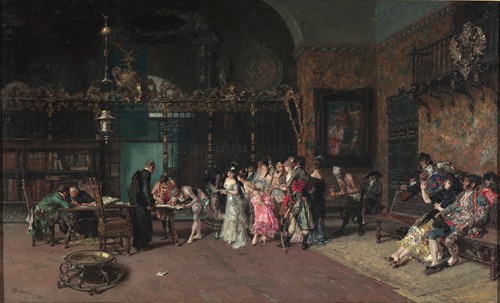 A depiction of a traditional Spanish wedding celebration.