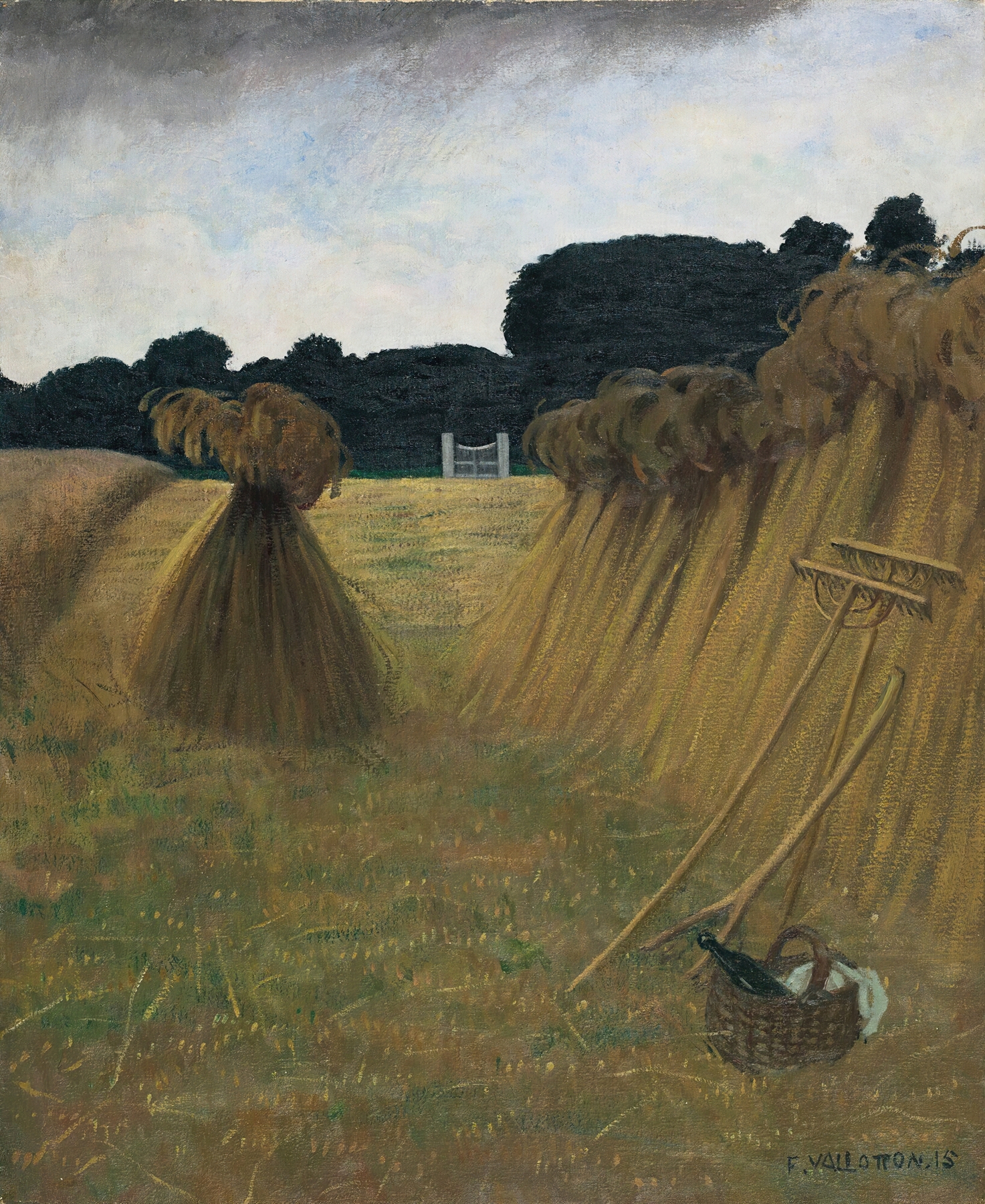 Landscape with wheat sheaves and a vibrant sky, oil painting by Félix Vallotton