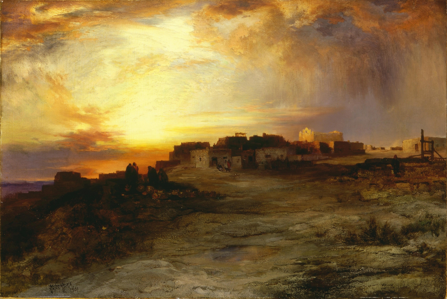 Pueblo at Sunset, oil on canvas by Thomas Moran, depicting a sunset over a village and mountains.