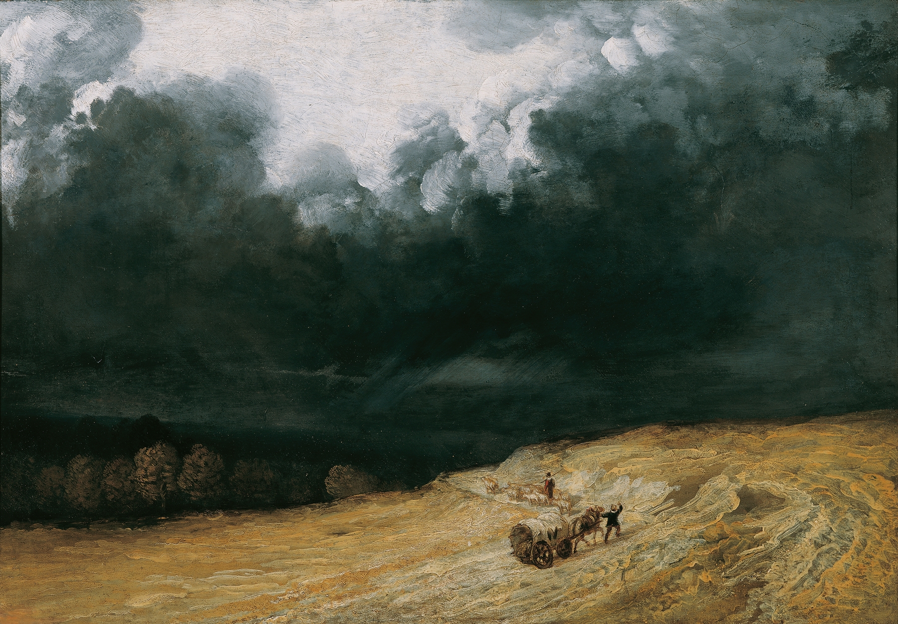 Gewitterlandschaft by Georges Michel, oil painting depicting a stormy landscape with dark clouds.