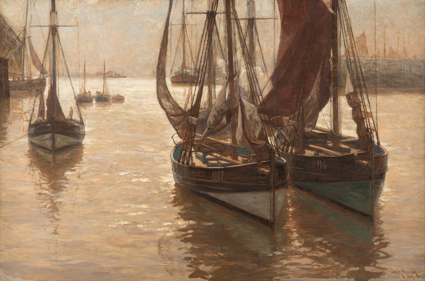 Boats in the harbour by Erwin Carl Wilhelm Günther, oil on canvas