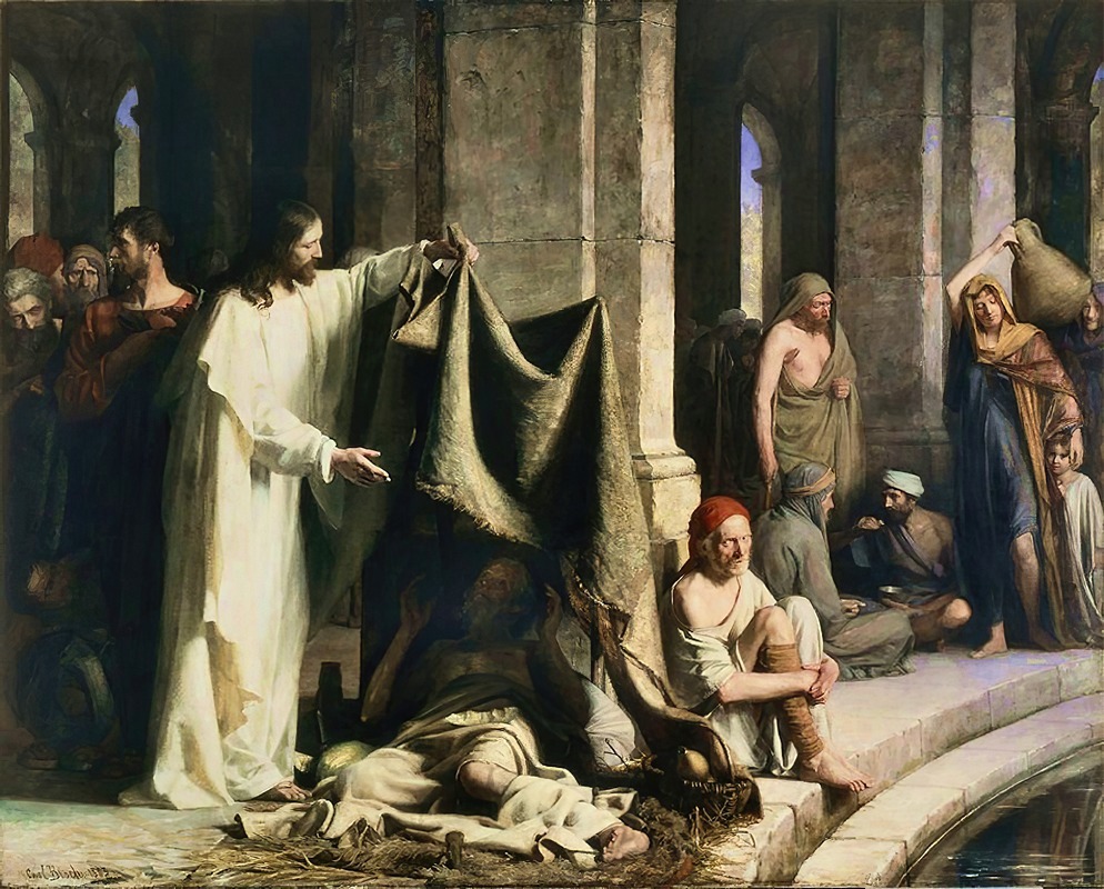 Carl Bloch's 'Christ Healing at the Pool of Bethesda' depicts a biblical scene with vivid colors and emotional expressions.