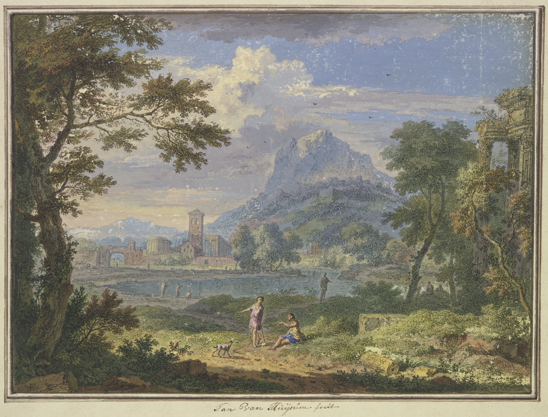 Landschaft mit einer italienischen Stadt bei einem hohen Berg, rechts die Ruine eines Tempels, im Vordergrund zwei Figuren und ein Hund, by Jan van Huysum, public domain