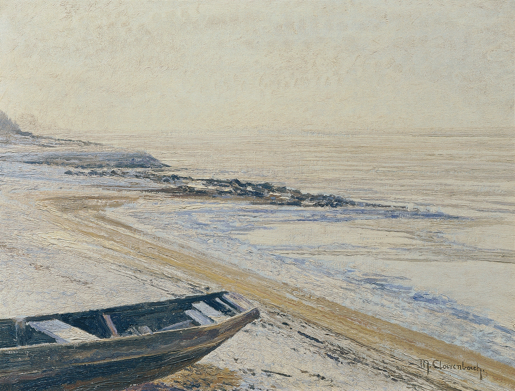 Niederrhein – Treibeis by Max Clarenbach, oil painting depicting a winter landscape with a river