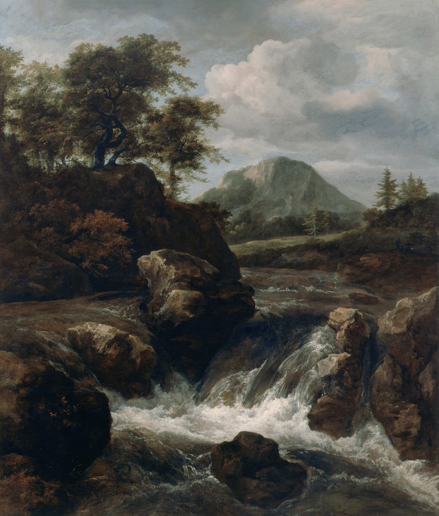 A Waterfall by Jacob van Ruisdael, oil painting depicting a waterfall cascading over cliffs.
