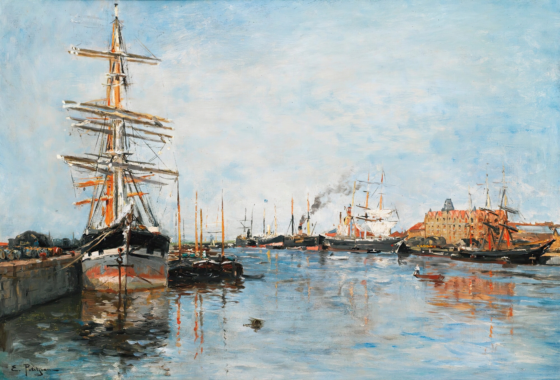 Bateaux en Rade by Edmond-Marie Petitjean, oil on canvas depicting boats on calm water